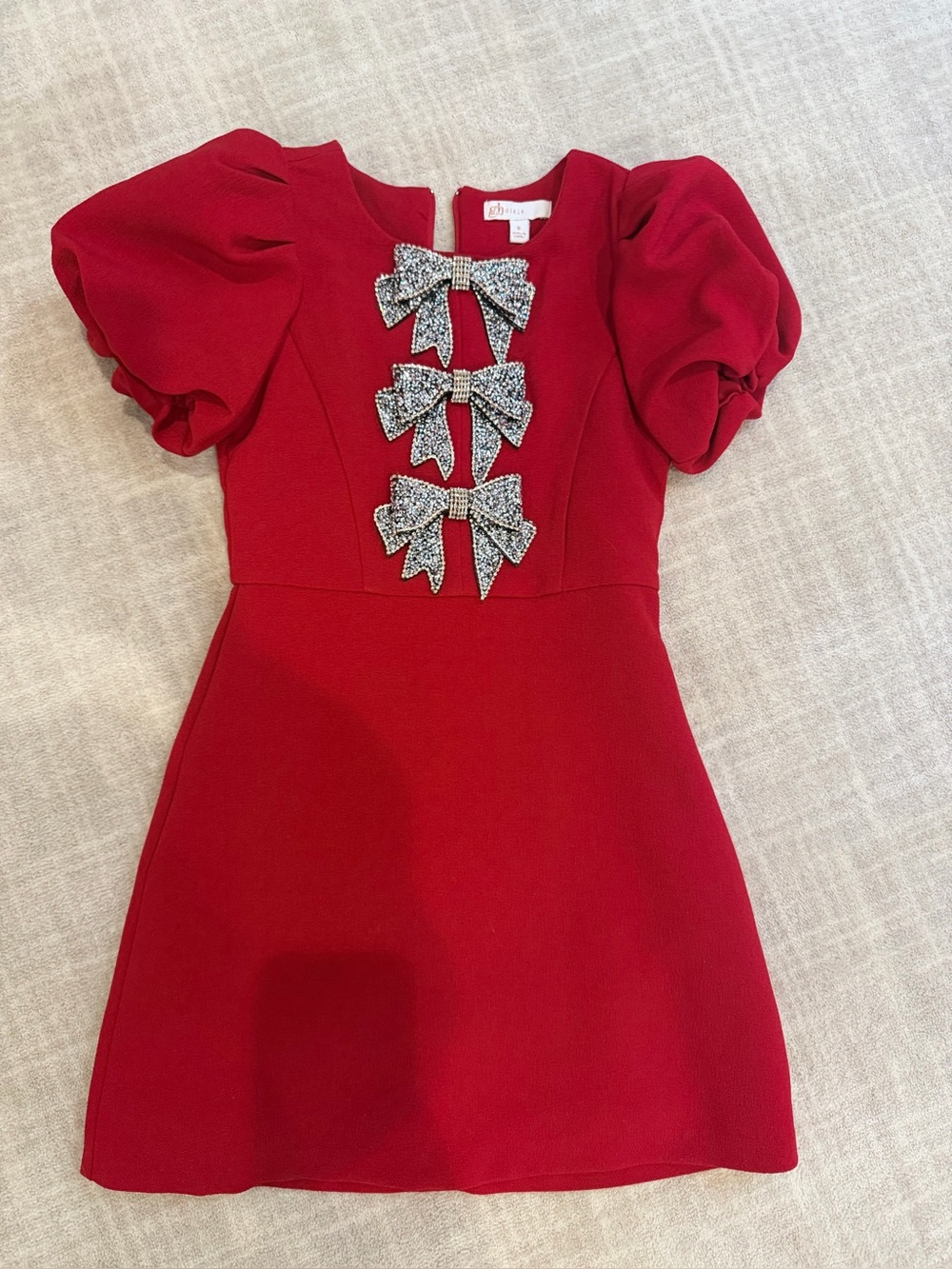 Girls Red Bow-Embellished Puff Sleeve Dress